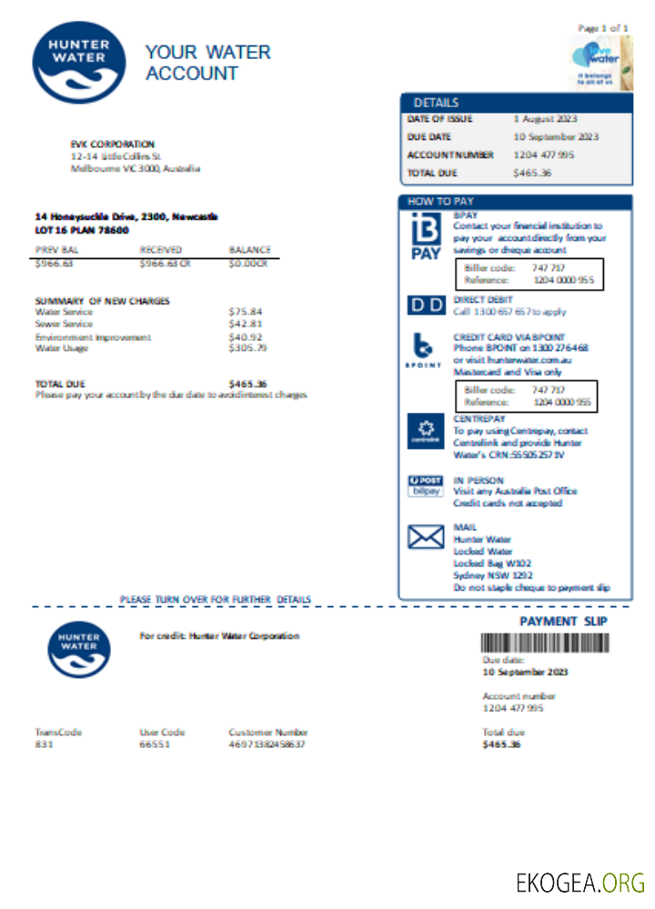 Facture commerciale du service public Hunter Water, SCR